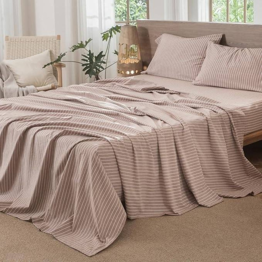 100% Cotton Striped Flat Sheet Orange White Vertical Stripe Breathable Anti-Pill